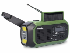 NEDIS přenosné nouzové rádio/ napájení z baterie/ z USB/ solární panel/ DAB+ / FM/ budík/ světlo/ černo-zelené