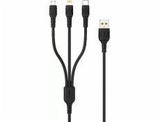 Denmen USB-A - USB-C + microUSB + Lightning kábel 1 m čierny (29360)