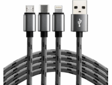 EverActive USB-A - USB-C + microUSB + Lightning kabel 1,2 m šedý (CBB-1.2MCI)