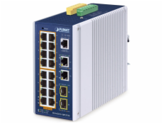 Planet IGS-4215-16P2T2S průmyslový L2 switch, 18x1Gb,2x1Gb SFP,16x PoE 802.3at 240W,-40~75°C, dual 48-54VDC,IP30,fanless