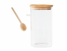 Dóza Pebbly, PKV-050, skleněná, čtvercová, na potraviny, 1,4 l, bambusové víko, odměrka 15 ml, 11 x 11 x 19 cm