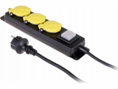 AWTools DIELNA PREDLŽOVACÍ KÁBEL ČIERNY 3 ZÁSUVKY 5,0m S UZEMNENÍM, SPÍNAČ IP44 3x1,5mm