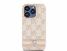 DKNY DKHCP14LPCPTSSP iPhone 14 Pre 6.1 ružové/ružové pevné puzdro Kožený kockovaný mono vzor a tlačené pruhy