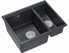 Dřez GraniteQ QUADRON | LOGAN 150 | granitový kuchyňský dřez ČERNÁ + OCEL | rozměry: 56 x 46 x 22 cm | 1,5-komorový závěs | základna skříňky od: 60 cm