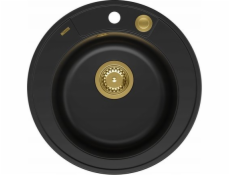 GraniteQ dřez MORGAN 210 GraniteQ čistý karbonový dřez se sifonem Push To Open, zlatá barva, kulatý, 1-miska čb + háčky 3 ks