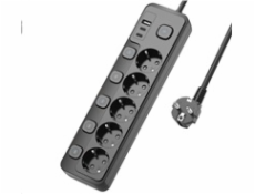 Viking síťová prodlužovací zásuvka YC53S, 5x AC 230V, 1x USB-A, 2x USB-C, tlačítko ON/OFF, délka 1,5 m, černá