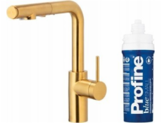 KFA DUERO PURE BASIC VÝSUVNÁ kuchyňská baterie KUCHYŇSKÝ ZAŘÍZENÍ S FUNKCÍ FILTRACE VODY A VÝSUVNÝM VÝDEJEM + PROFINE BLUE S, SADA FILTRŮ KARTÁČOVANÝ ZLAT