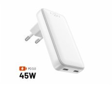 Nabíječka FIXED Slim síťová GaN s 2x USB-C výstupem a podporou PD, 45W, bílá