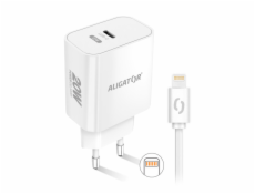 Chytrá síťová nabíječka ALIGATOR Power Delivery 20W, USB-C kabel pro iPhone/iPad, bílá