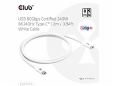 Club3D Kabel USB4 Typ-C, 80Gbps, Certifikovaný kabel, 4K540Hz, 8K240Hz, 16K60Hz, PD 240W, 1.2m, bílá