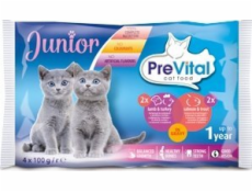 PREVITAL Cat Food Junior Mix Příchutí s jehněčím, krůtou, lososem, pstruhem v omáčce – mokré krmivo pro kočky – 4 x 100 g