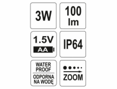 Svítilna kapesní voděodolná IP64, fce ZOOM, 110lm, 1xAA, 100x25mm, YATO-08571