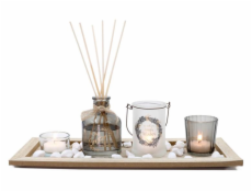 Svícen / diffuser 36 x 14 x 1 cm, 5 dílů + dekorace dřevo / sklo