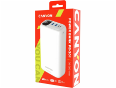 CANYON powerbanka PB-301, 30000mAh Li-poly QC&PD, display, In USB-C + micro USB, Out 1x USB-C + 2x USB-A, bílá