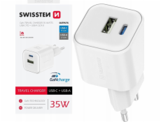 Swissten síťový adaptér gan 1x usb-c 35w pd + 1x usb-a 27w qc bílý