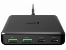 Swissten mini desktop adaptér gan 2x usb-c + 2xusb 65w power delivery černý