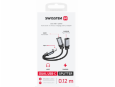 SWISSTEN NABÍJECÍ AUDIO ADAPTÉR TEXTILE USB-C (samec) / USB-C (samice) a 3,5mm AUX 0,12 M ČERNÝ