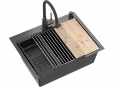 QUADRON LUKE 110 WORKSTATION dřez černý kov (58x45x20) s 1-miskovým sifonem bez + Qmat + vložka + dávkovač + deska + kohoutek s flexibilní hadicí