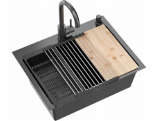QUADRON LUKE 110 WORKSTATION dřez černý kovový (58x45x20) s 1miskovým sifonem bez + Qmat + vložka + dávkovač + deska + kohoutek s pevným výtokem