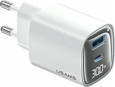 USAMS 30W GaN LED USB+USB-C CC229 rychle nabíjecí nástěnná nabíječka bílá