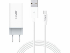 Savio 65W GaN LA-07 nástěnná nabíječka s 1m kabelem USB-A-USB typu C, bílá