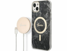 Guess nabíječka Guess pouzdro + sada bezdrátové nabíječky GUBPP14SHMEACSK Apple iPhone 14 černý / černý pevný obal Marble MagSafe