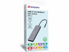 USB HUB Verbatim USB (3.2) hub 13portový, 32153, šedý, délka kabelu 20 cm, Verbatim, 2x USB C, 6x USB A, 2x HDMI
