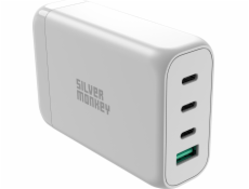Stříbrná nabíječka Monkey Stříbrná nabíječka Monkey SMA152 GaN 130W 3xUSB-C PD USB-A QC 3.0 s odnímatelným napájecím kabelem – bílá