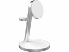Nabíječka Mobile Origin Qi2 PowerStand 3v1 s GAN adaptérem 35W, bílá/stříbrná