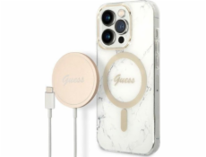 Guess nabíječka Guess pouzdro + sada bezdrátové nabíječky GUBPP14LHMEACSH Apple iPhone 14 Pro bílé / bílé pevné pouzdro Marble MagSafe