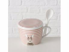 Boltze Hrnek s víčkem a lžičkou FLUFFY, porcelán, králíček, 600 ml