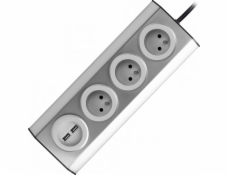 Orno Nábytek, kuchyňská zásuvka s USB nabíječkou, montáž suchým zipem s kabelem 1,5m - 3x2P+Z, 2xUSB, INOX s kabelem 1,5m.