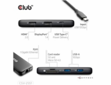 Club3D Dokovací stanice 8v1, USB-C 3.2, 1xHDMI, 1xDP, 2xUSB, 1xmicroSD/SD, 1xUSB-C PD100W, 1xRJ45, černá