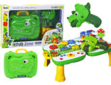 LeanToys Sada kufrový stolek pro kutily, puzzle bloky, dinosaurus, šroubovák, 249 dílků.