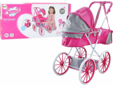 LeanToys Kočárek pro panenky s kovovou taškou a velkými kolečky, růžový