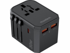 Choetech Univerzální cestovní nabíječka USB-C 2x USB-A PD 30W zástrčky USA EU UK AU černá Univerzální cestovní nabíječka USB-C 2x USB-A PD 30W zástrčky USA EU UK AU černá