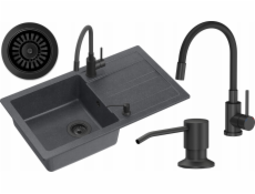 GraniteQ READY-MAX BLACK dřez žulový 1-kz/o (77x44x17,5) + velmi černá flexibilní výpustná baterie + velmi černý dávkovač + velmi černý sifon