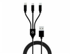 Le Cord kabel USB-A 3 in 1 multikabel vyrobený z recyklovaného plastu 1.2m - Black
