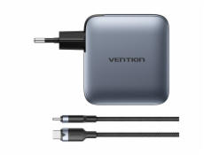 Napájecí nabíječka Vention 3x USB-C, 1x USB-A, (100W/100W/30W/30W) (šedá) s kabelem USB-C na USB-C (1m) (černá)