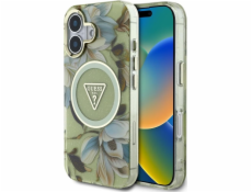 Guess Pouzdro Glitter Flowers Triangle Buttons MagSafe pro iPhone 16 zelené