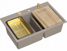 GraniteQ MARC 120 WORKSTATION Dřez GraniteQ 2 dřezy 760*500*235 mm měkká taupe + sifon s otevíráním push-to-pen + dávkovač + deska + vložka / zlaté prvky