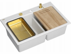 GraniteQ MARC 120 WORKSTATION Dřez GraniteQ 2-dřezový 760*500*235 mm sněhově bílá + sifon s otevíráním push-to-pen + dávkovač + deska + vložka / zlaté prvky