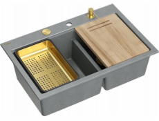 GraniteQ MARC 120 WORKSTATION Dřez GraniteQ 2 dřezy 760*500*235 mm stříbrný kámen + sifon s otevíráním push-to-pen + dávkovač + deska + vložka / zlaté prvky