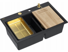 GraniteQ MARC 120 WORKSTATION Dřez GraniteQ 2-dřezový 760*500*235 mm čistý uhlík + sifon s otevíráním push-to-pen + dávkovač + deska + vložka / zlaté prvky