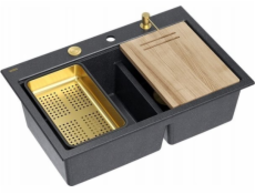 GraniteQ MARC 120 WORKSTATION Dřez GraniteQ 2 dřezy 760*500*235 mm černá diamantová + sifon s otevíráním push-to-pen + dávkovač + deska + vložka / zlaté prvky