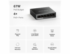 MERCUSYS switch MS106P (6x100Mb/s,4xPoE+,67W,fanless)