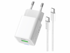 COLORWAY 1x USB-C/ 1x USB-A/ síťová nabíječka/ GaN/ PD/ PPS/ 20W/ Bílá + 1x USB-C kabel