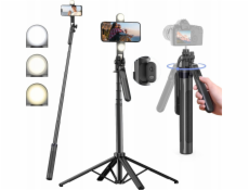Hurtel Selfie tyč WH181D-Y1S, teleskopický stativ 1,75 m, hliníková slitina, duální svítilna a držák na telefon - černá