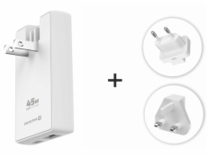Swissten cestovní adaptér GaN USB-C + USB-A 45w výměnné vidlice (US, EU, UK) bílý