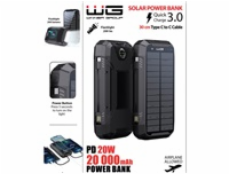 WG - Power Bank 20000 mAh, solarní panel + bezdrátové nabíjení 15W + svítilna + kompas, USB-C PD 20W, černá